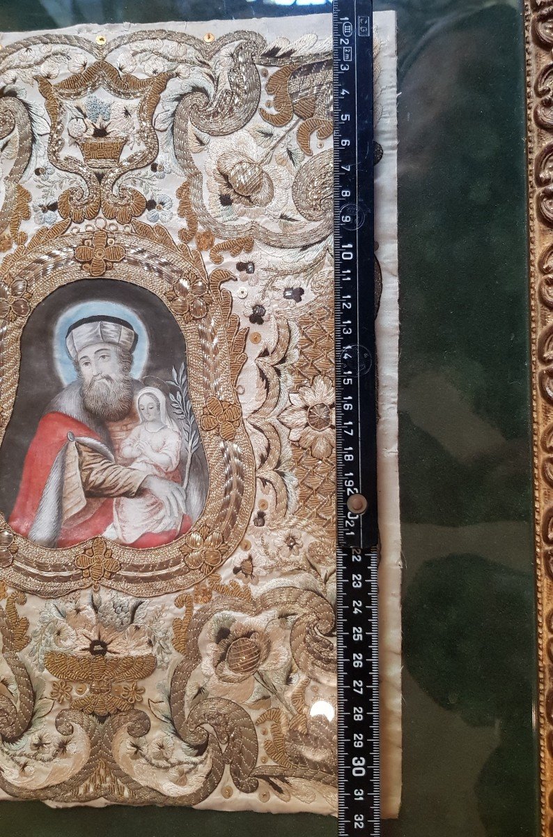 Quadro San Gioacchino e la Vergine gouache e ricamo '700-photo-5