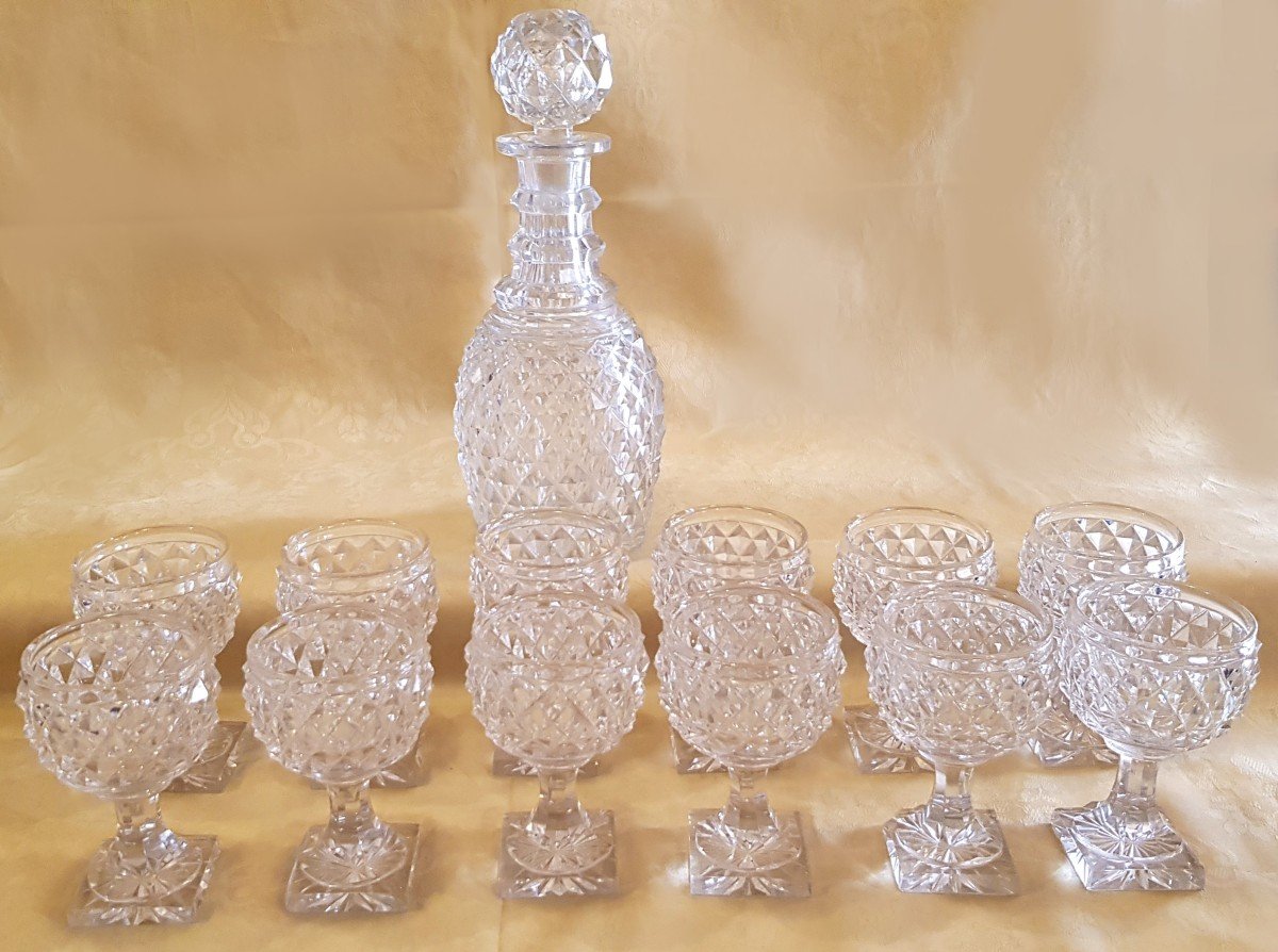 Servizio antico da Porto in cristallo a punte di diamante  Regency bottiglia e 12 bicchieri-photo-3