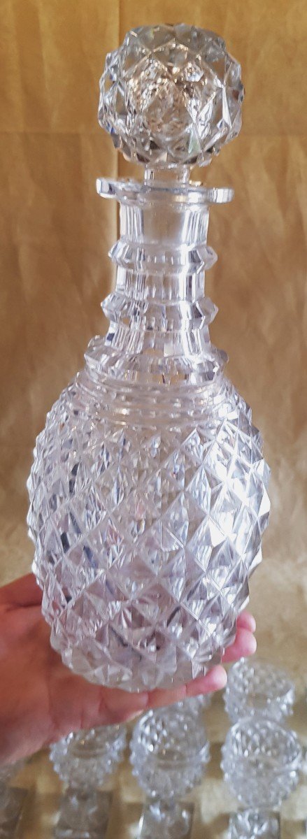 Servizio antico da Porto in cristallo a punte di diamante  Regency bottiglia e 12 bicchieri-photo-1