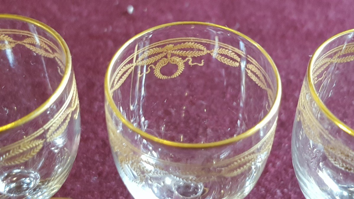serie di 9 bicchierini da liquore antichi in cristallo Baccarat inciso e dorato  mod. Byzantine-photo-4