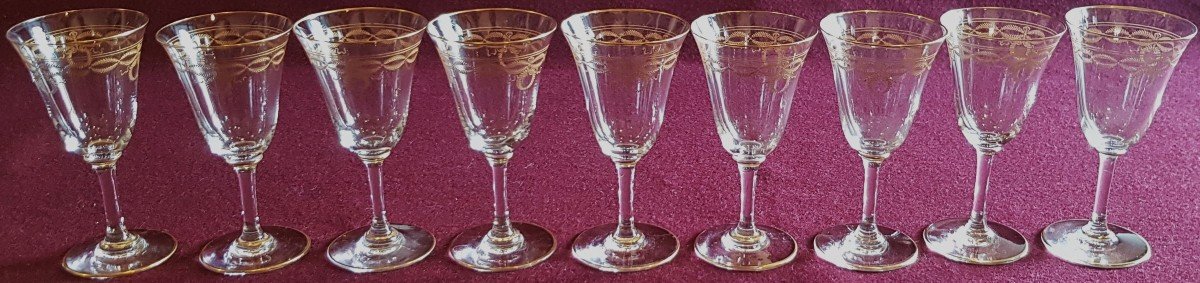 Set di 9 bicchieri da vino antichi in cristallo Baccarat mod. Byzantine dorato-photo-2