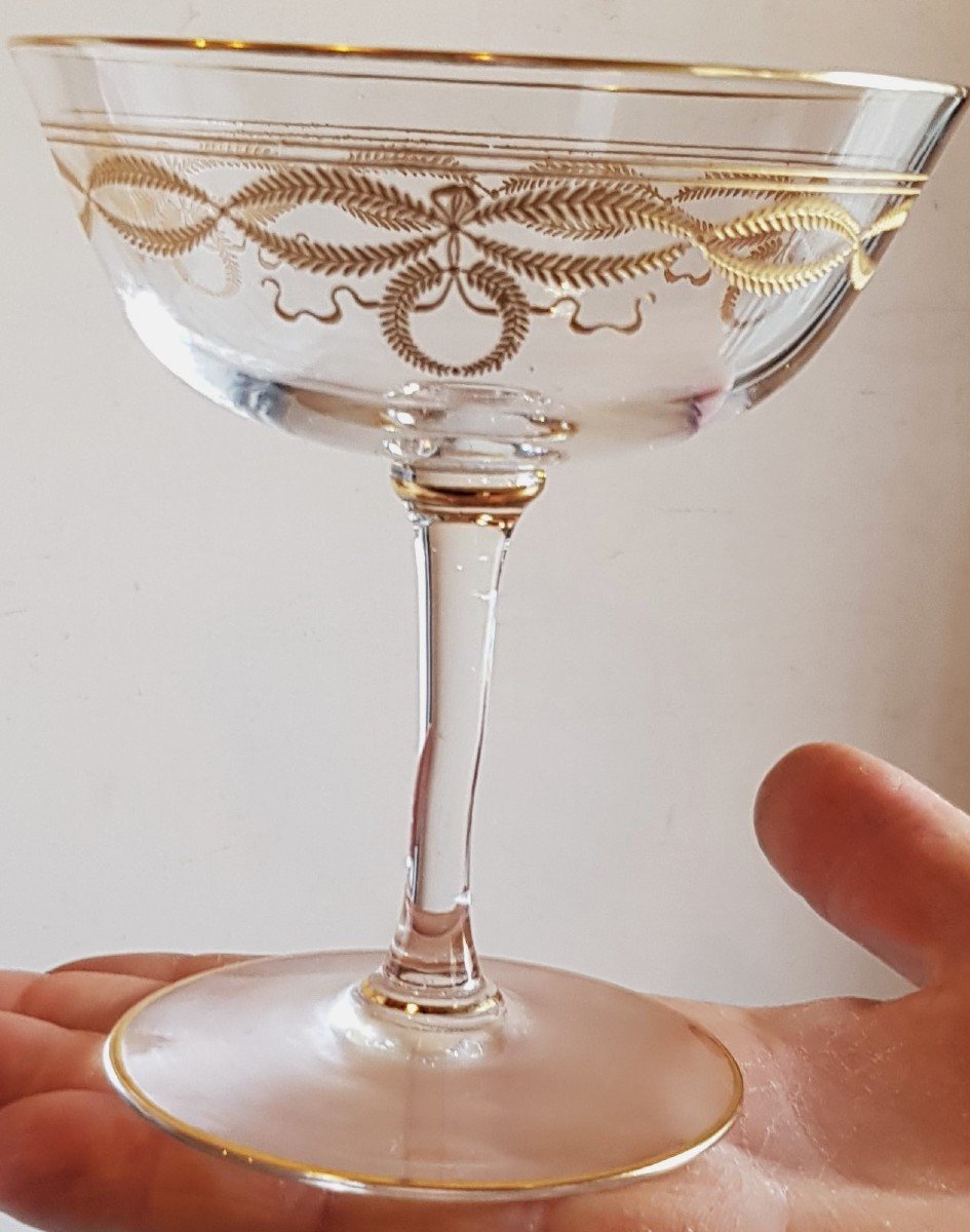 Lotto di 9 coppe da champagne antiche  cristallo Baccarat mod. Byzantine dorato-photo-2