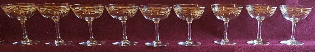 Lotto di 9 coppe da champagne antiche  cristallo Baccarat mod. Byzantine dorato-photo-3