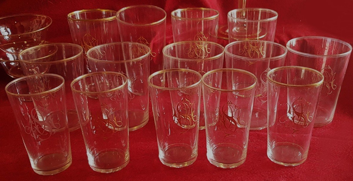 lotto di 14 bicchieri Lobmeyr in mussola di vetro monogramma SMN