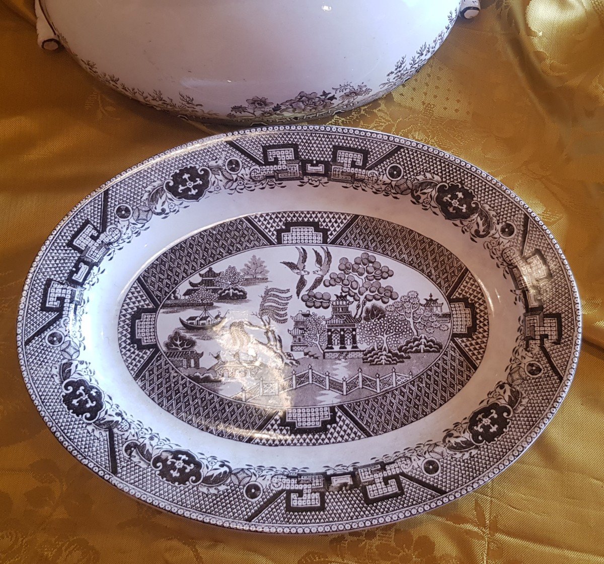 zuppiera e piatto da portata antichi terraglia italiana SCR decoro Colandine-photo-2