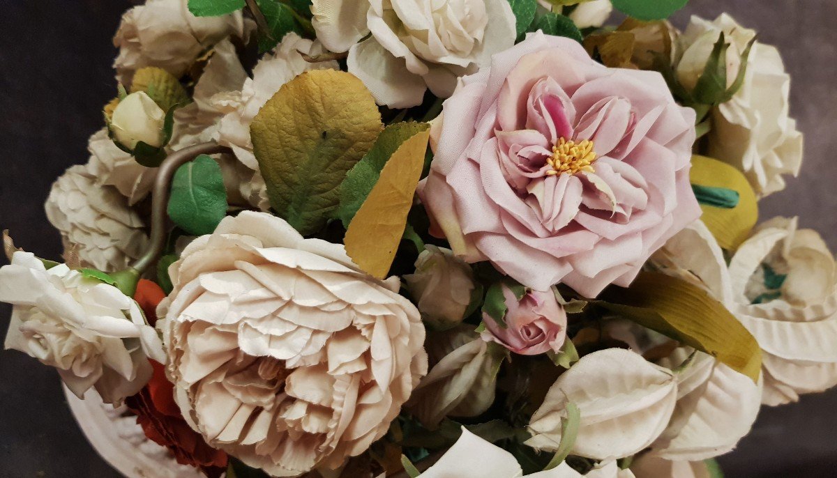 Antico Mazzo Di Fiori In Stoffa Sotto Globo Di Vetro Del XIX Secolo-photo-4