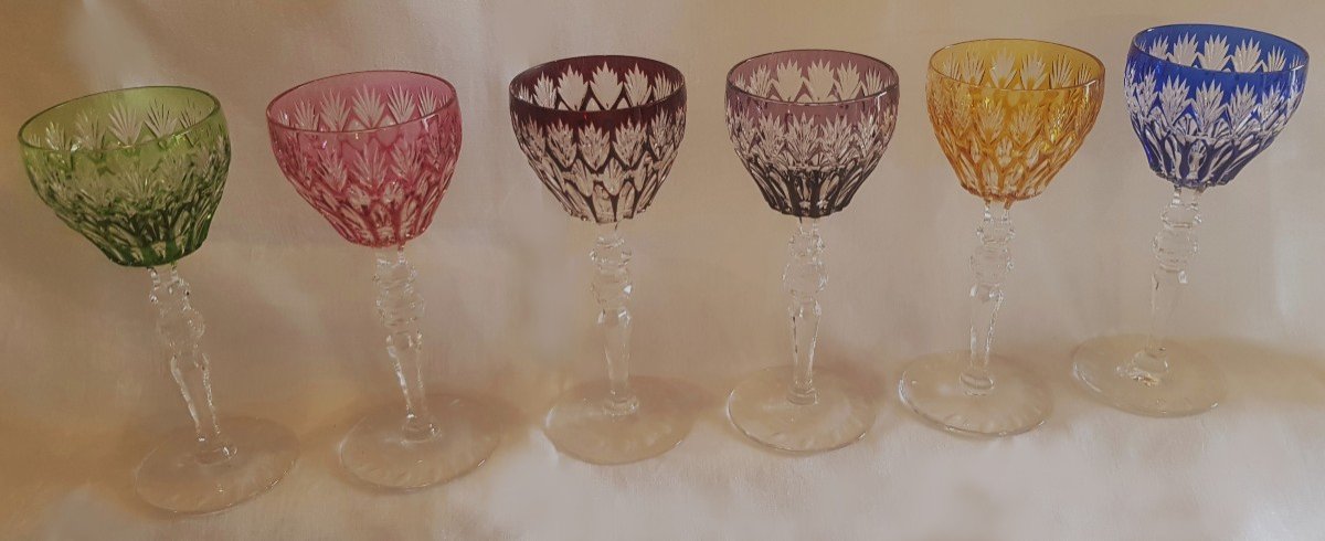 serie di 6 antichi bicchieri da aperitivo in cristallo arlecchino di Lorena