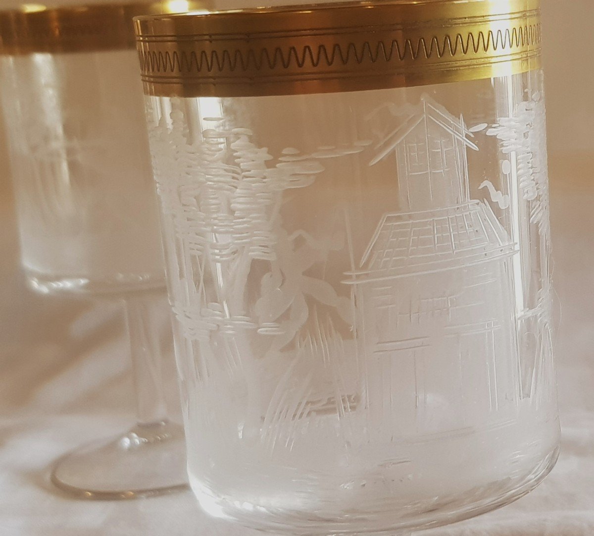 Serie 10 bicchieri Antichi incisi alla mola di  La Scena Della Battaglia-photo-2