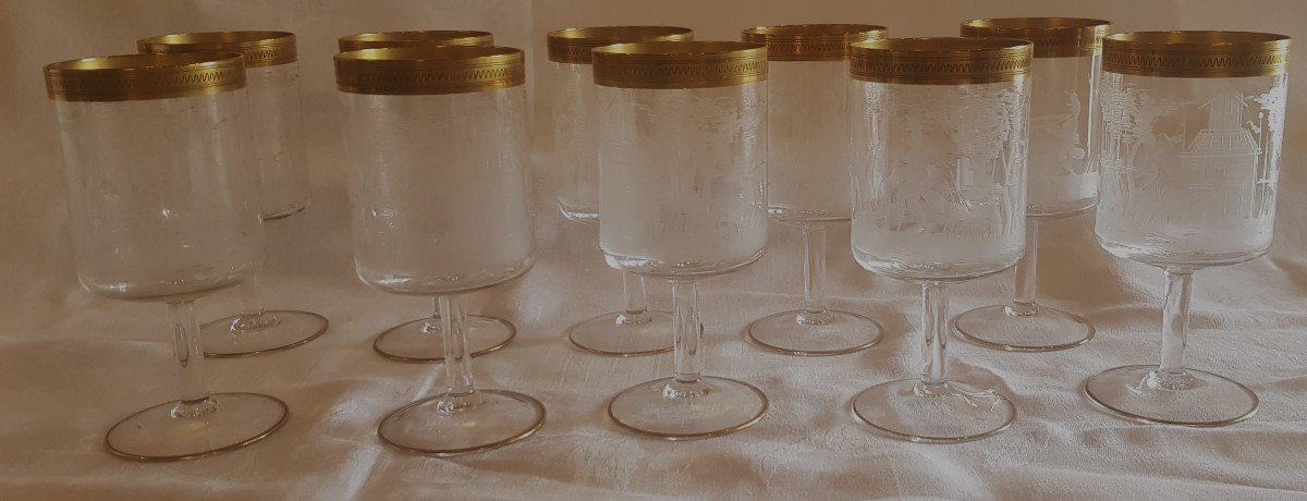 Serie 10 bicchieri Antichi incisi alla mola di  La Scena Della Battaglia