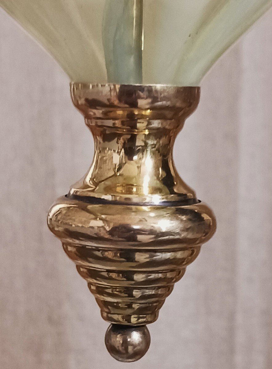 Lampadario Liberty in ottone lucido e vetri uralini-photo-5