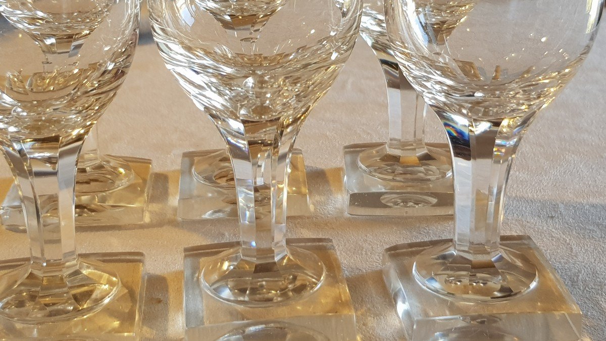 serie di 6 antichi bicchieri da vino liquoroso in cristallo piede quadrato seconda metà '800