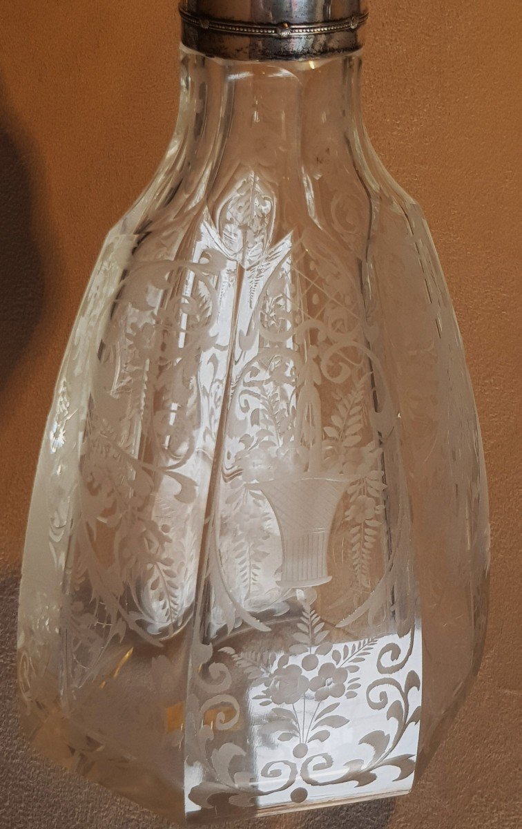 Vecchia bottiglia  In Cristallo Inciso E Argento-photo-2
