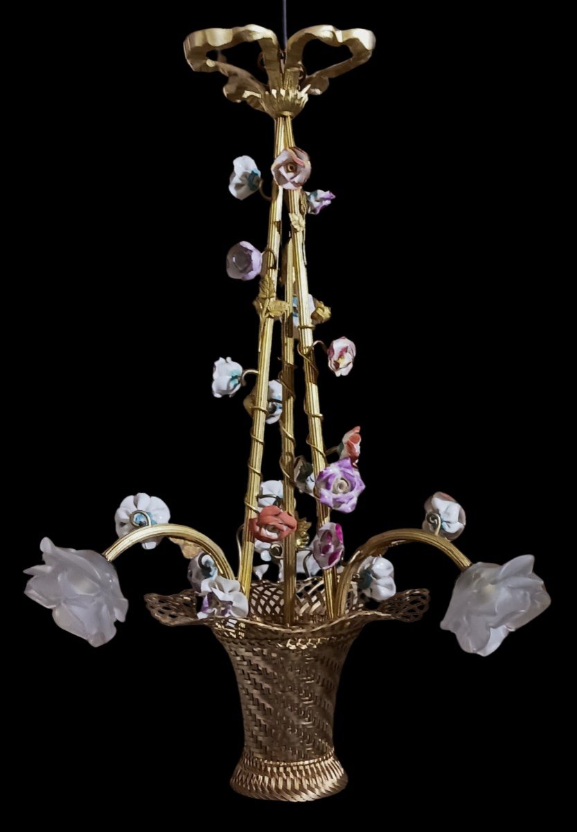 Antico Lampadario a forma di cesto fiorito esprit Bagues in stile Luigi XVI-photo-2