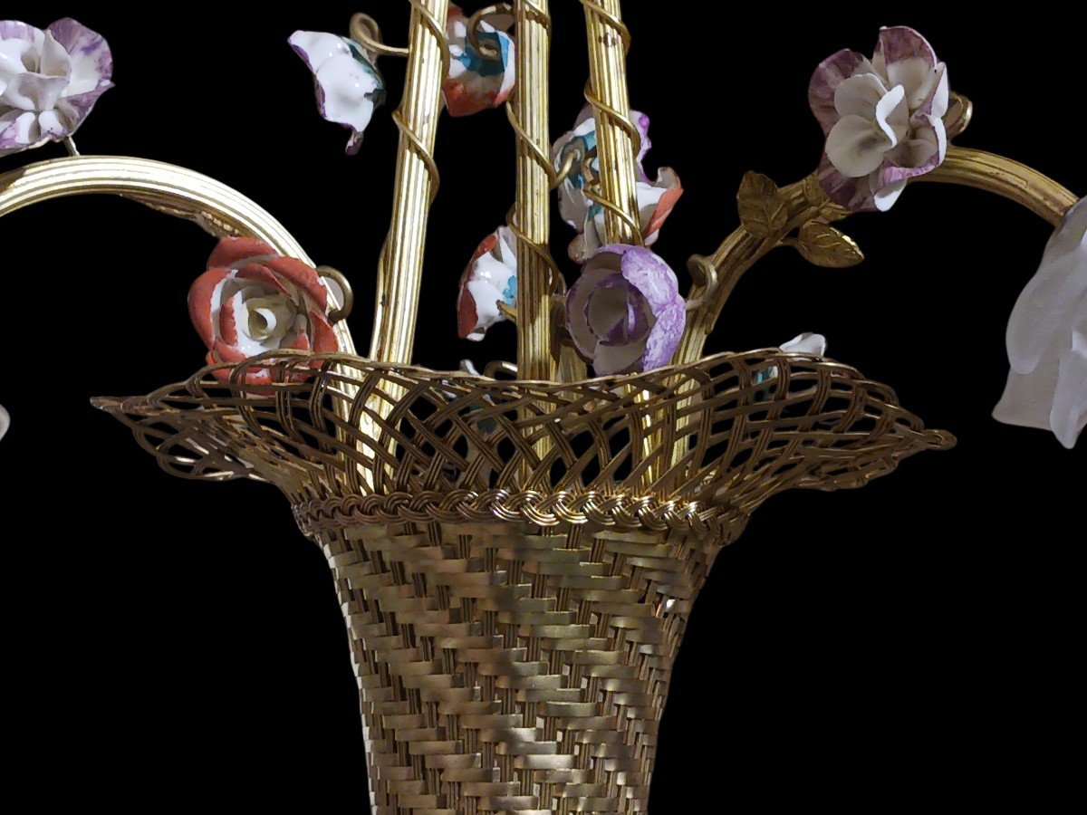 Antico Lampadario a forma di cesto fiorito esprit Bagues in stile Luigi XVI-photo-3