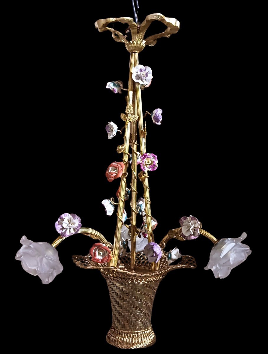 Antico Lampadario a forma di cesto fiorito esprit Bagues in stile Luigi XVI