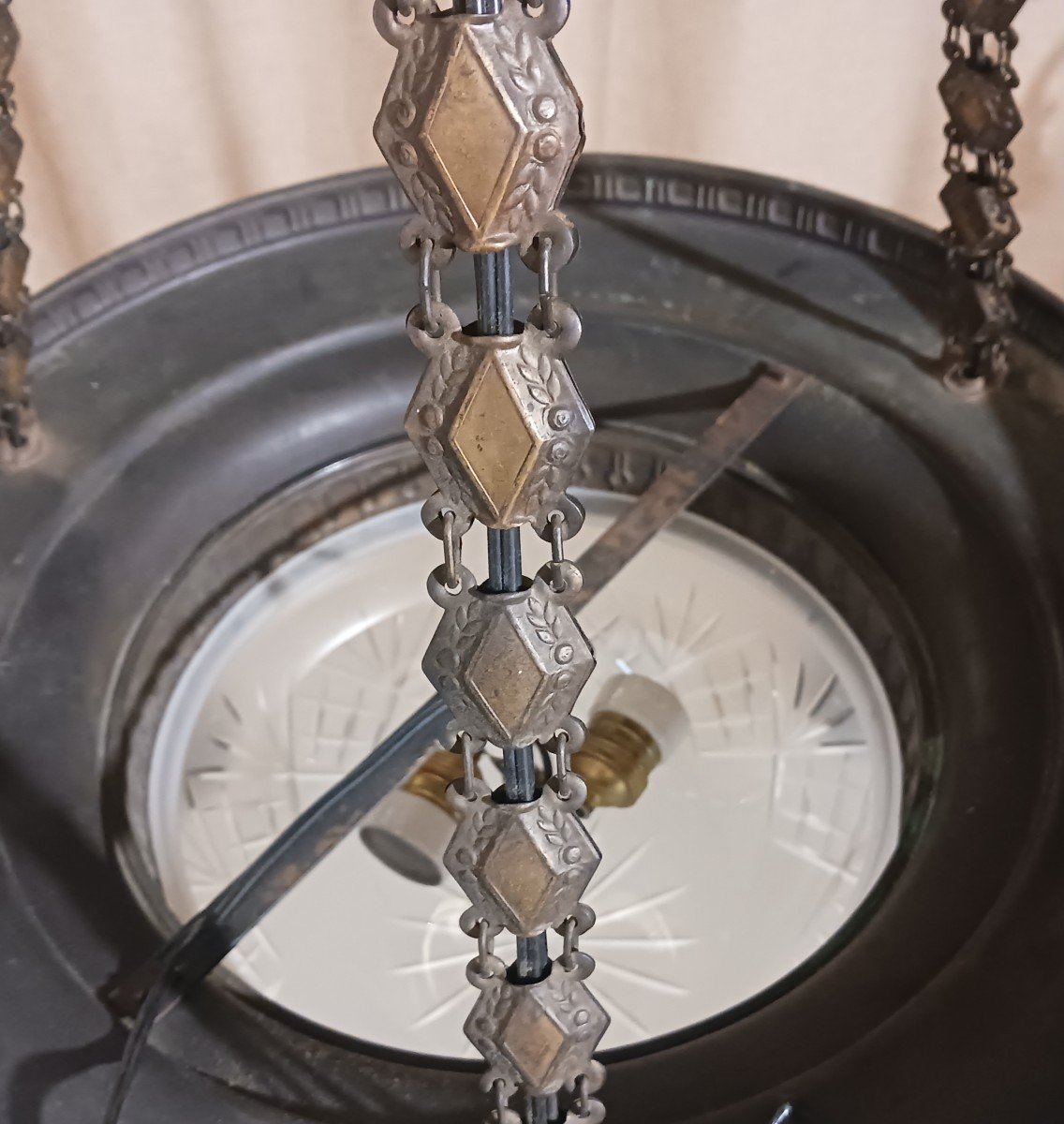 Lampadario antico Liberty a 6 luci cristallo e ottone-photo-1
