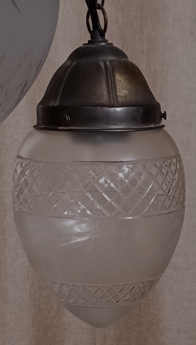 Lampadario antico Liberty a 6 luci cristallo e ottone-photo-6