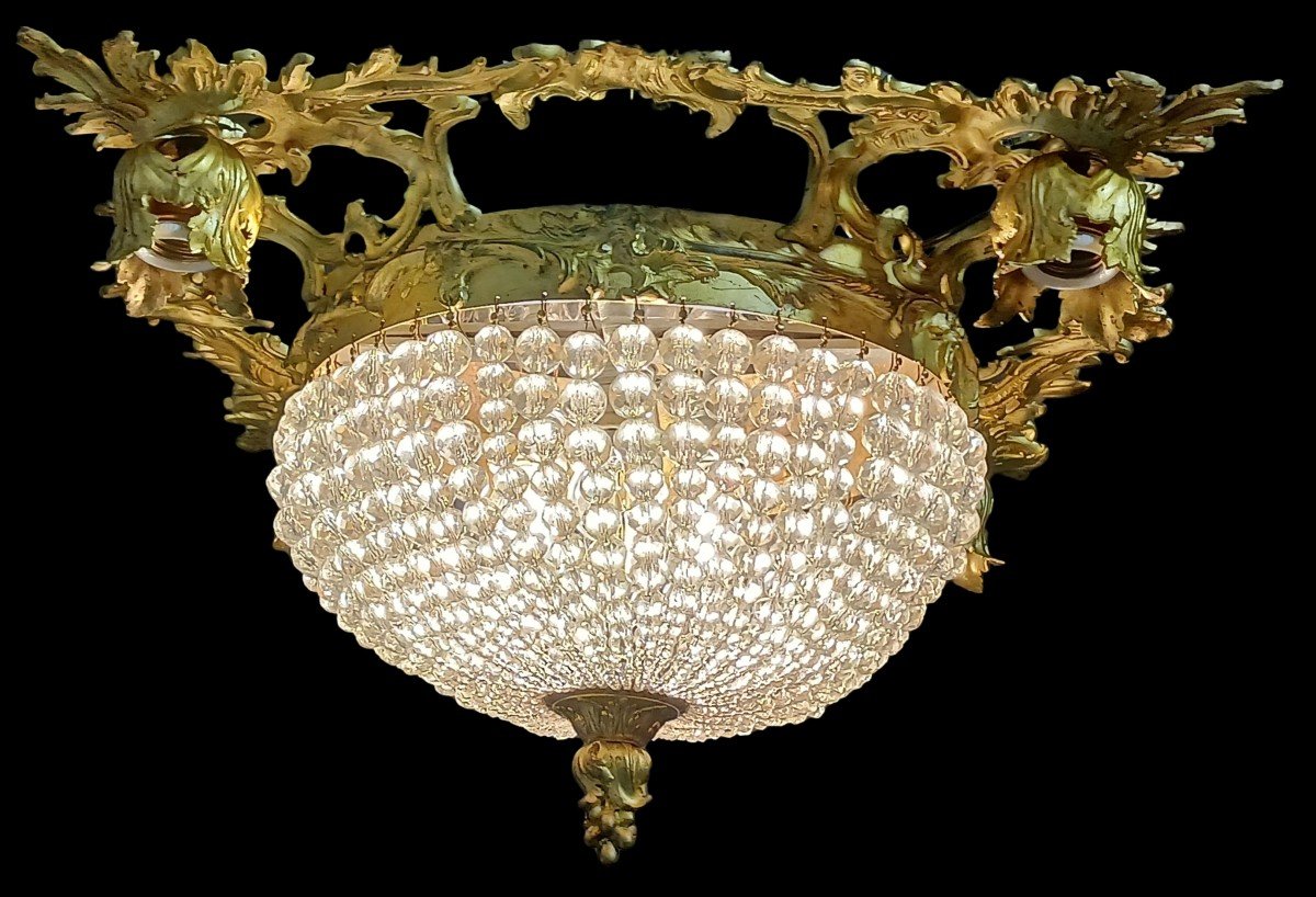Vecchia lampada da soffitto quadrata in bronzo rococò e cupola di perle di cristallo-photo-2