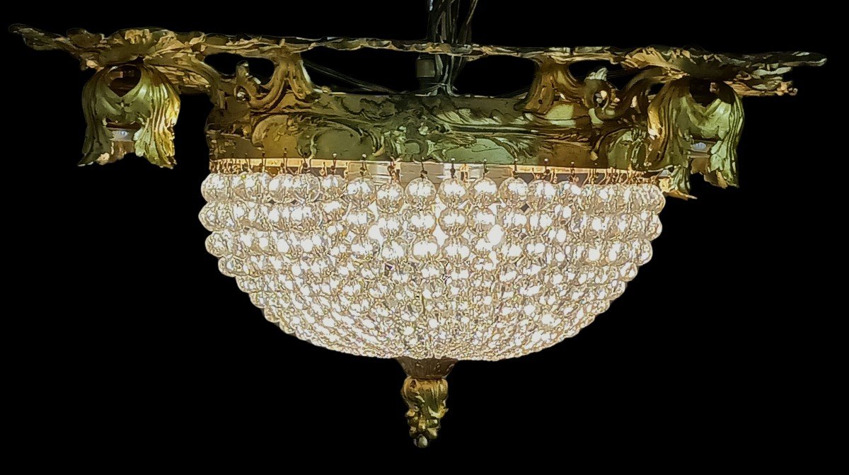 Vecchia lampada da soffitto quadrata in bronzo rococò e cupola di perle di cristallo-photo-4