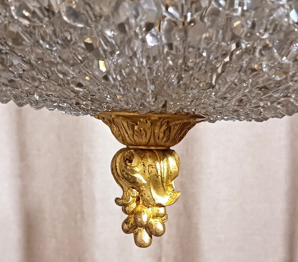 Vecchia lampada da soffitto quadrata in bronzo rococò e cupola di perle di cristallo-photo-5