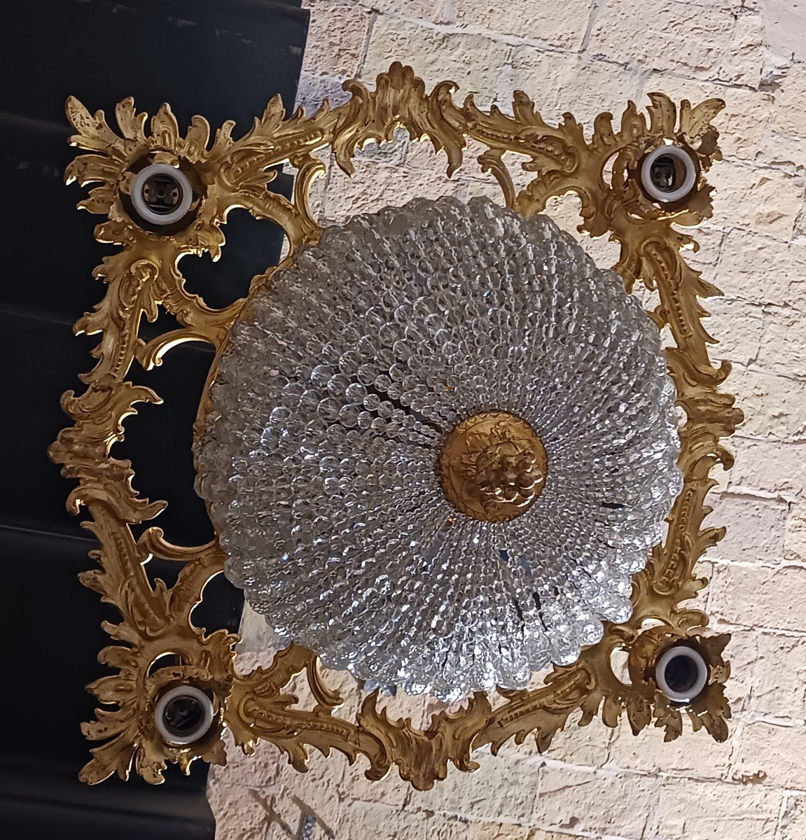 Vecchia lampada da soffitto quadrata in bronzo rococò e cupola di perle di cristallo-photo-8
