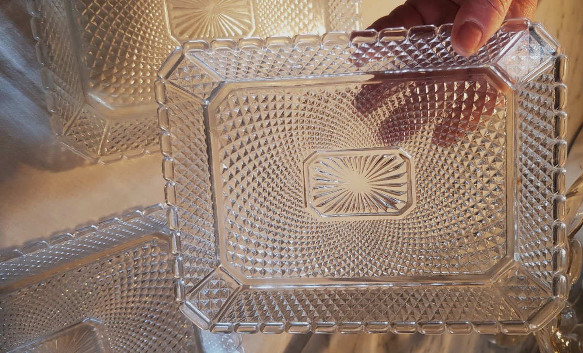 Serie 3 vecchi vassoi rettangolari in vetro modellato con punte di diamante stile Baccarat 1950-photo-2