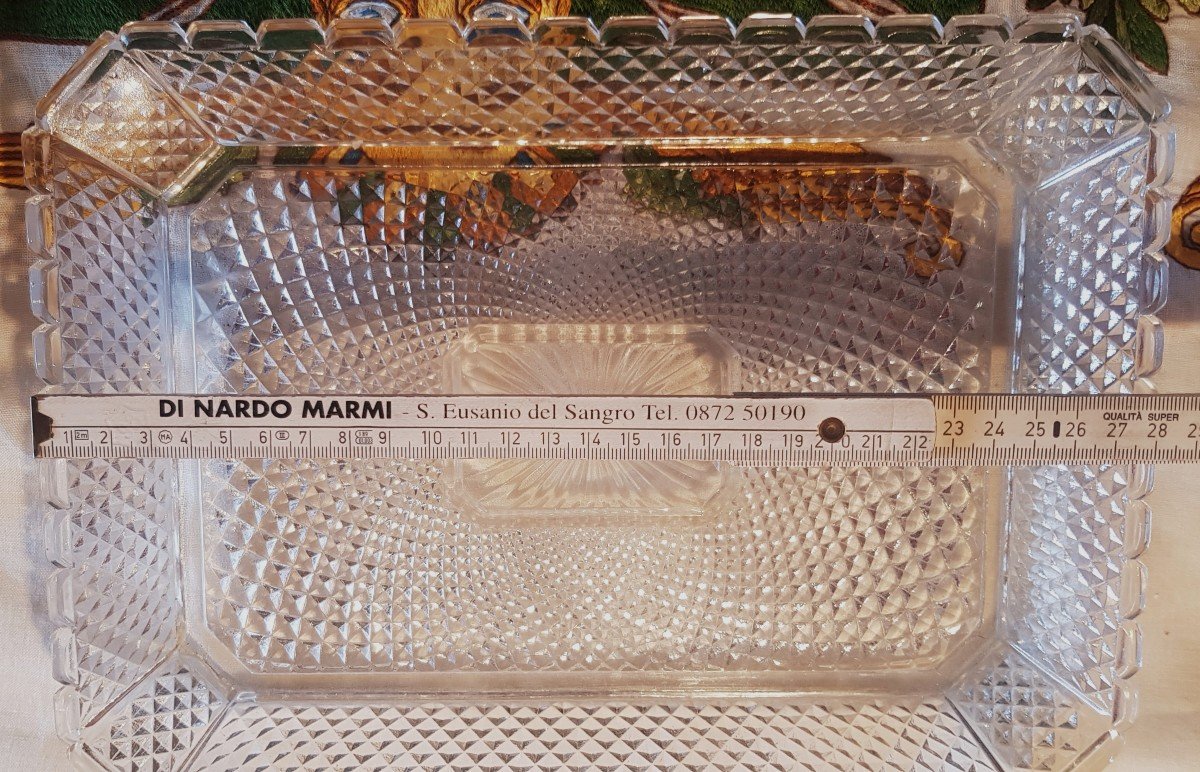 Serie 3 vecchi vassoi rettangolari in vetro modellato con punte di diamante stile Baccarat 1950-photo-4