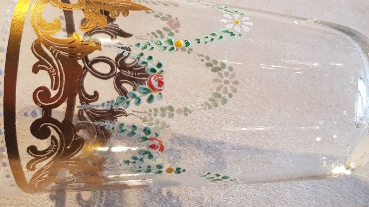 Lotto di 4 flute antiche in vetro decorate con smalti-photo-2