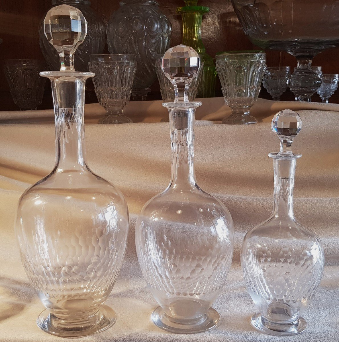 tre bottiglie antiche  in cristallo Baccarat modello Richelieu