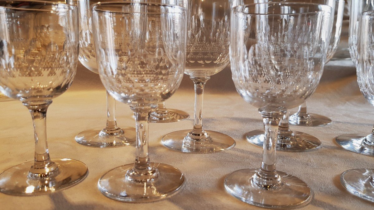 Lotto di 11 bicchieri antichi in Cristallo Baccarat modello Richelieu