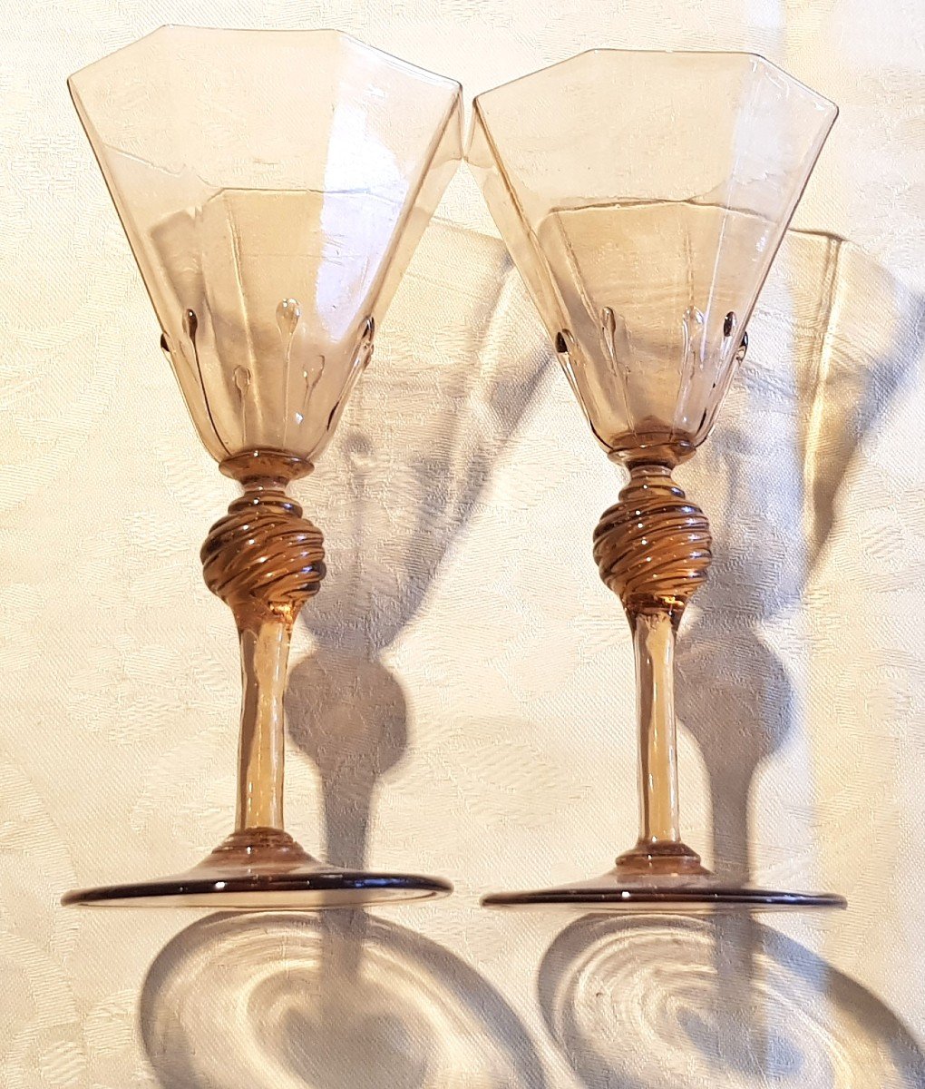 Coppia di bicchieri antichi in vetro soffiato di Murano by Salviati h 21 cm