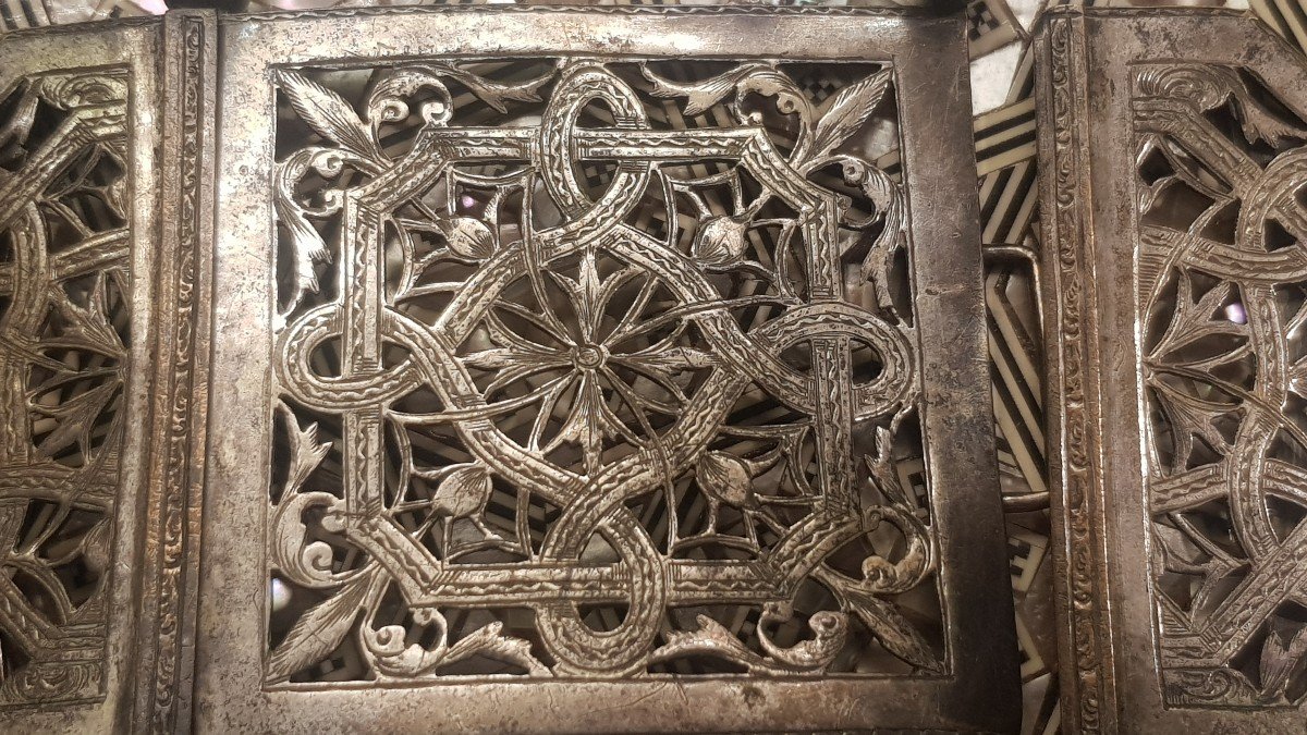 Antica  fibbia per cintura in metallo argentato-photo-2