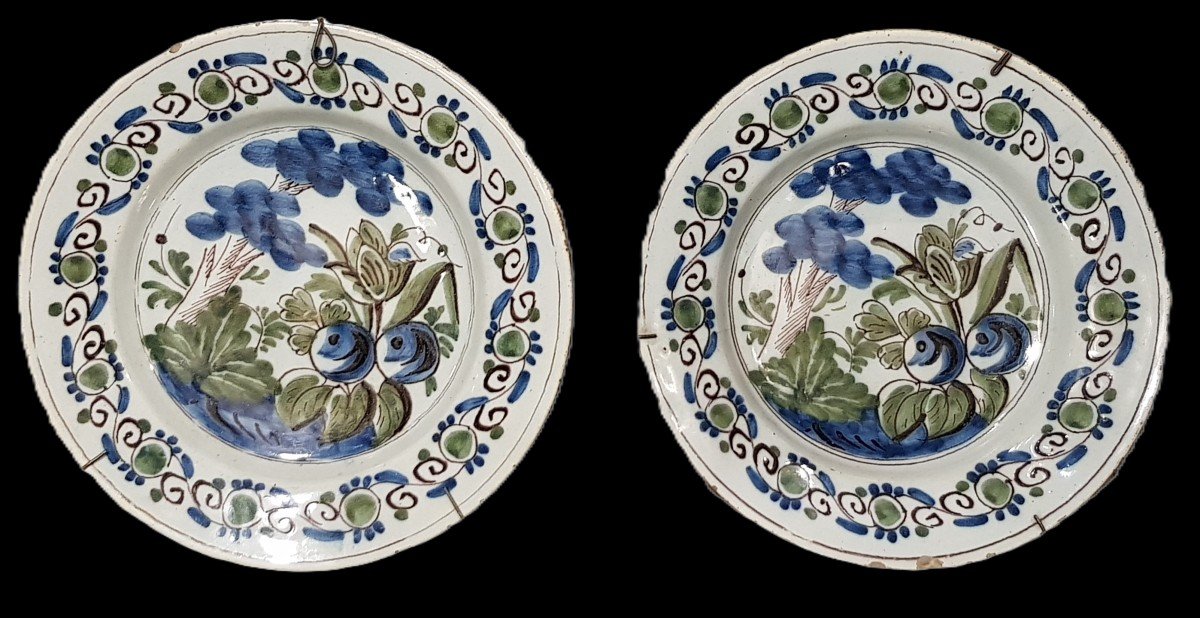 Coppia di antichi piatti in  maiolica  di Delft, Paesi Bassi, XVIII secolo