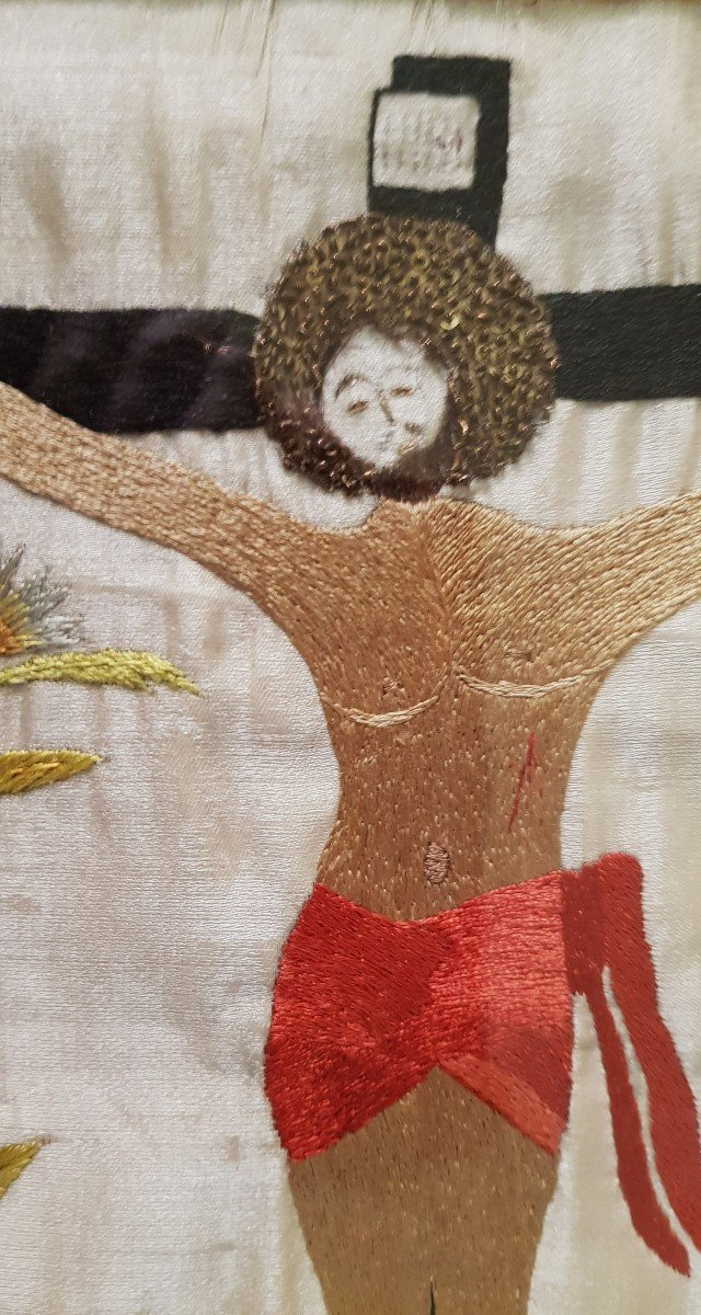 Ricamo religioso antico su seta del XIX secolo - Crocifissione-photo-2