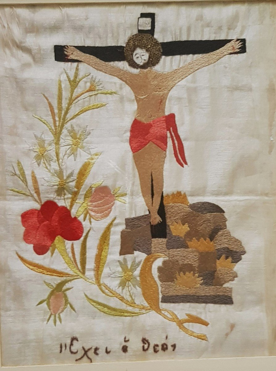 Ricamo religioso antico su seta del XIX secolo - Crocifissione-photo-8