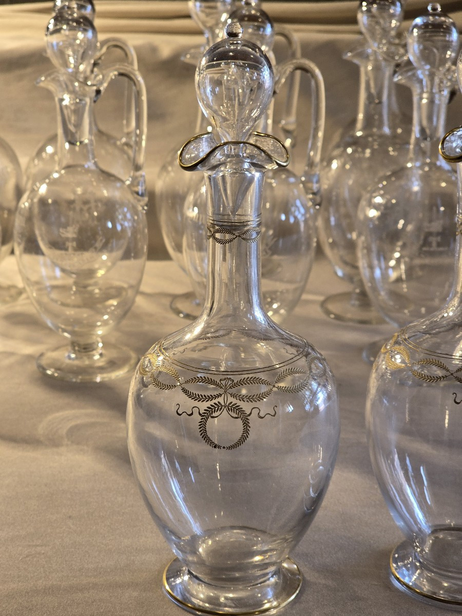 Coppia di piccole bottiglie da liquore antiche  in cristallo Baccarat modello Byzantine dorato.-photo-2
