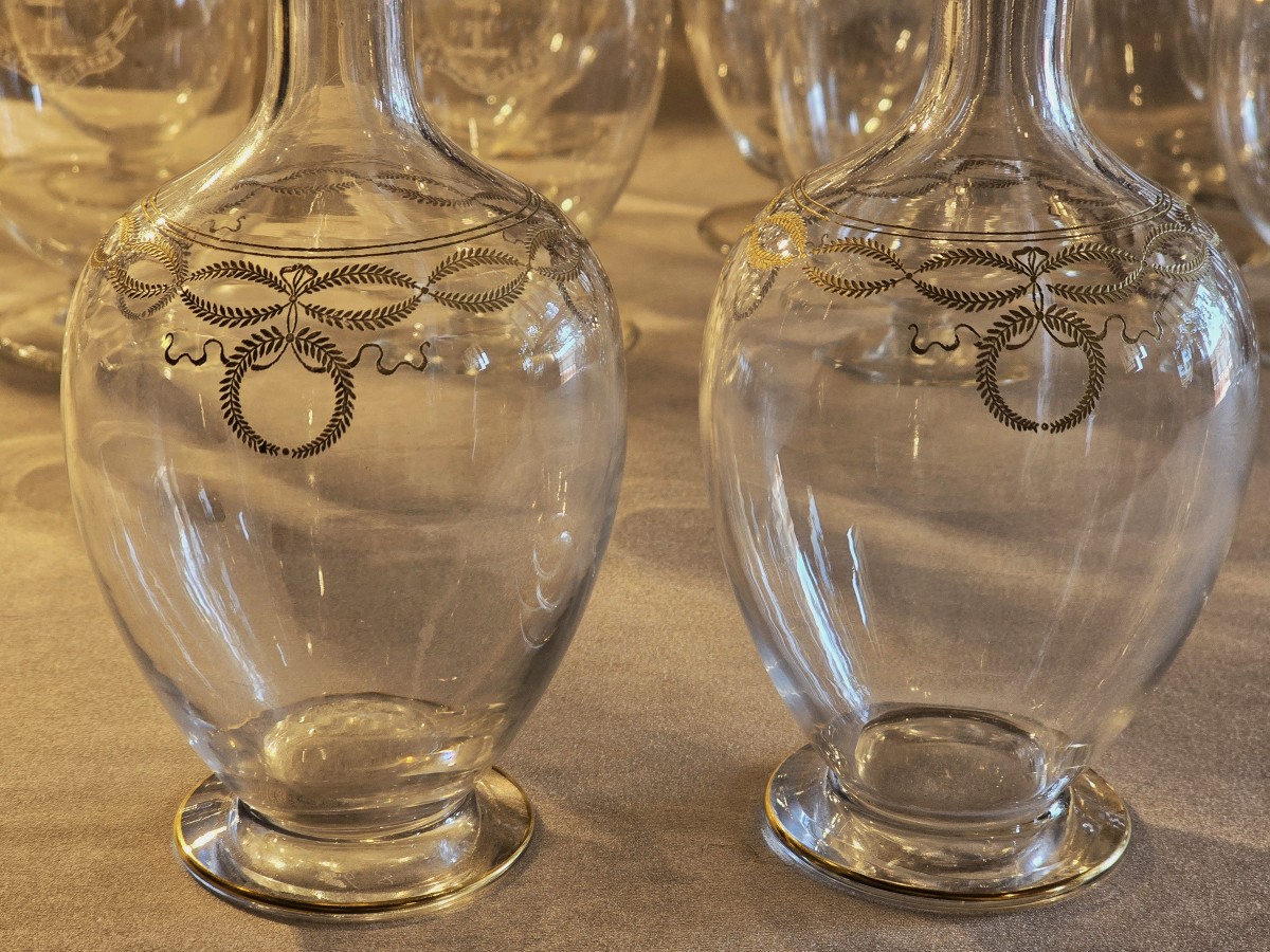 Coppia di piccole bottiglie da liquore antiche  in cristallo Baccarat modello Byzantine dorato.-photo-1