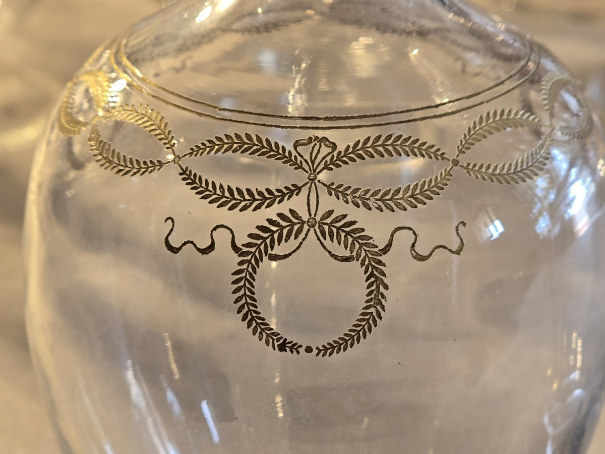 Coppia di piccole bottiglie da liquore antiche  in cristallo Baccarat modello Byzantine dorato.-photo-2