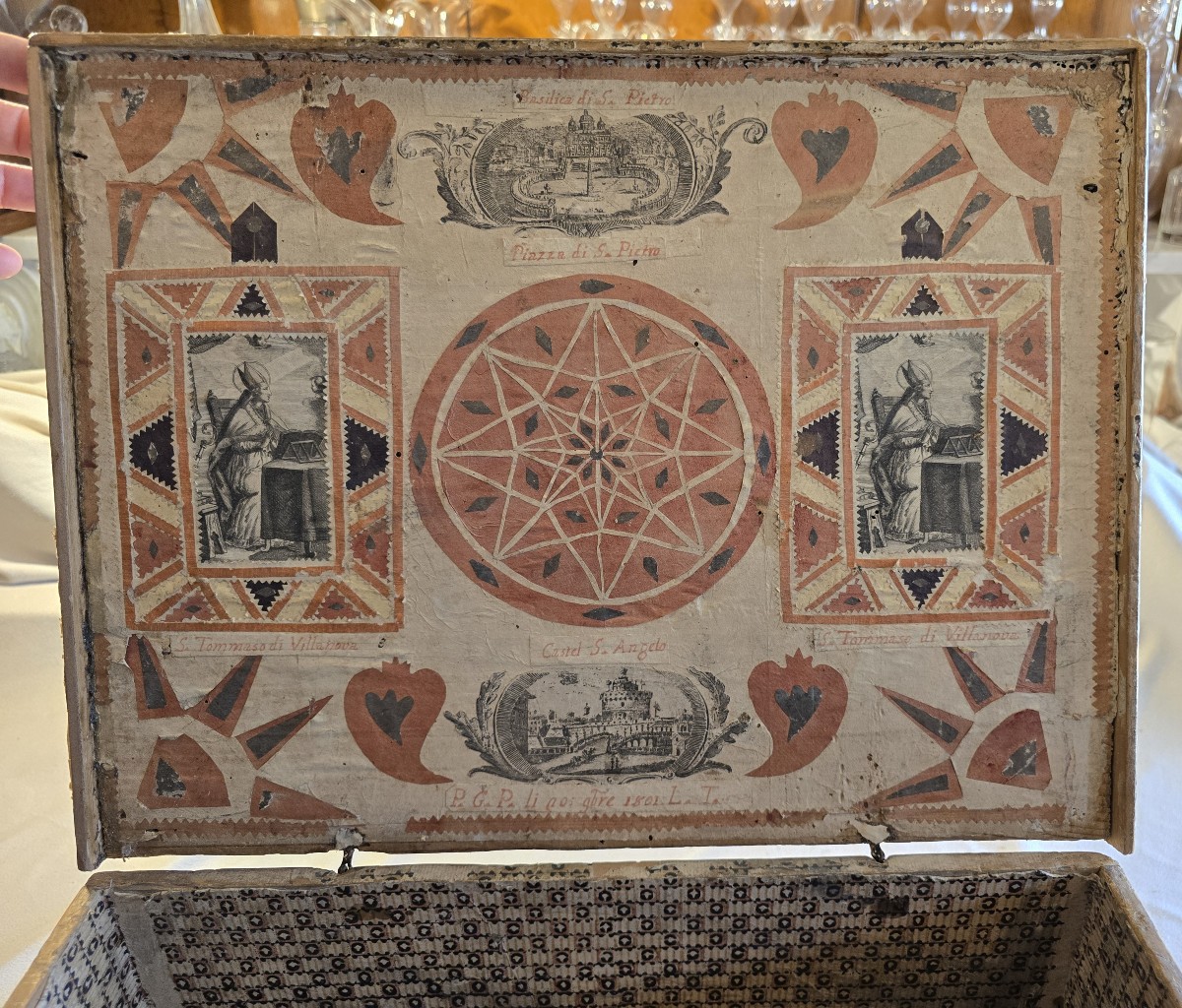 Antico cofanetto scatola di inizio XIX secolo in legno e carta dipinta-photo-2