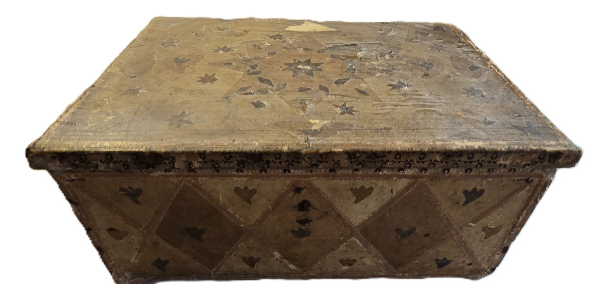 Antico cofanetto scatola di inizio XIX secolo in legno e carta dipinta-photo-3