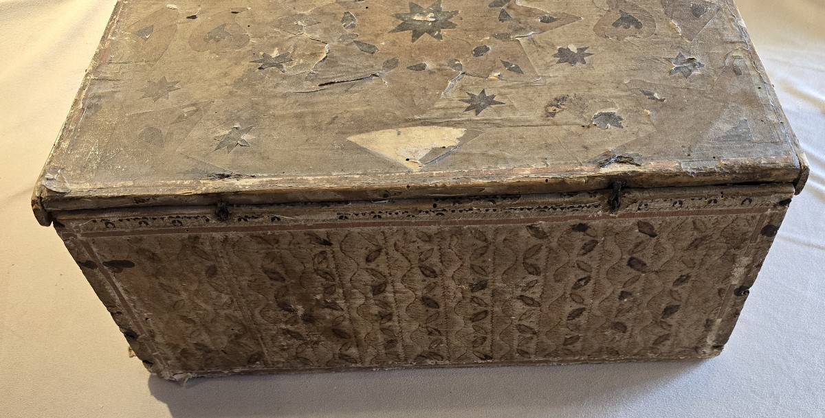Antico cofanetto scatola di inizio XIX secolo in legno e carta dipinta-photo-4