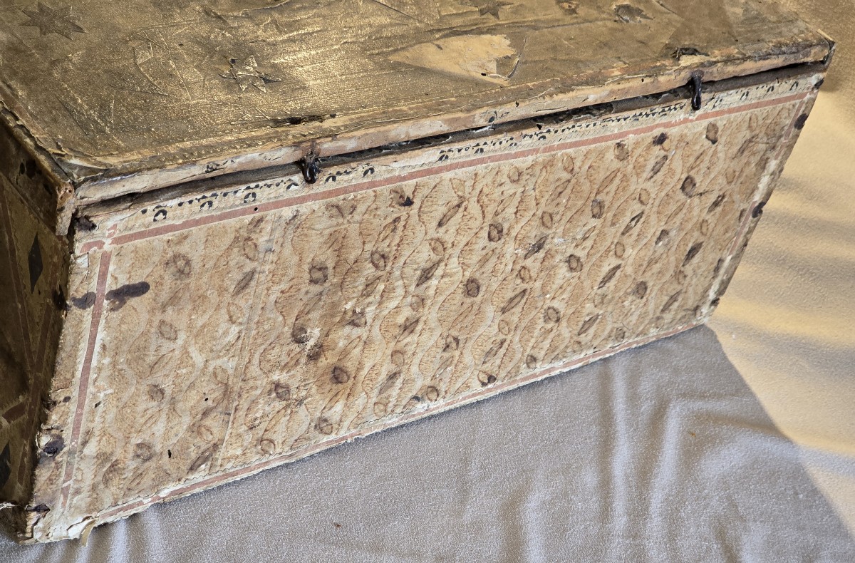 Antico cofanetto scatola di inizio XIX secolo in legno e carta dipinta-photo-1
