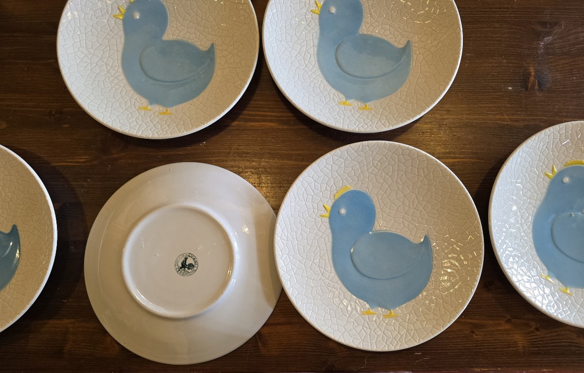 Lotto di 6 antichi  piatti in ceramica Galvani con decorazione di pulcino-photo-2