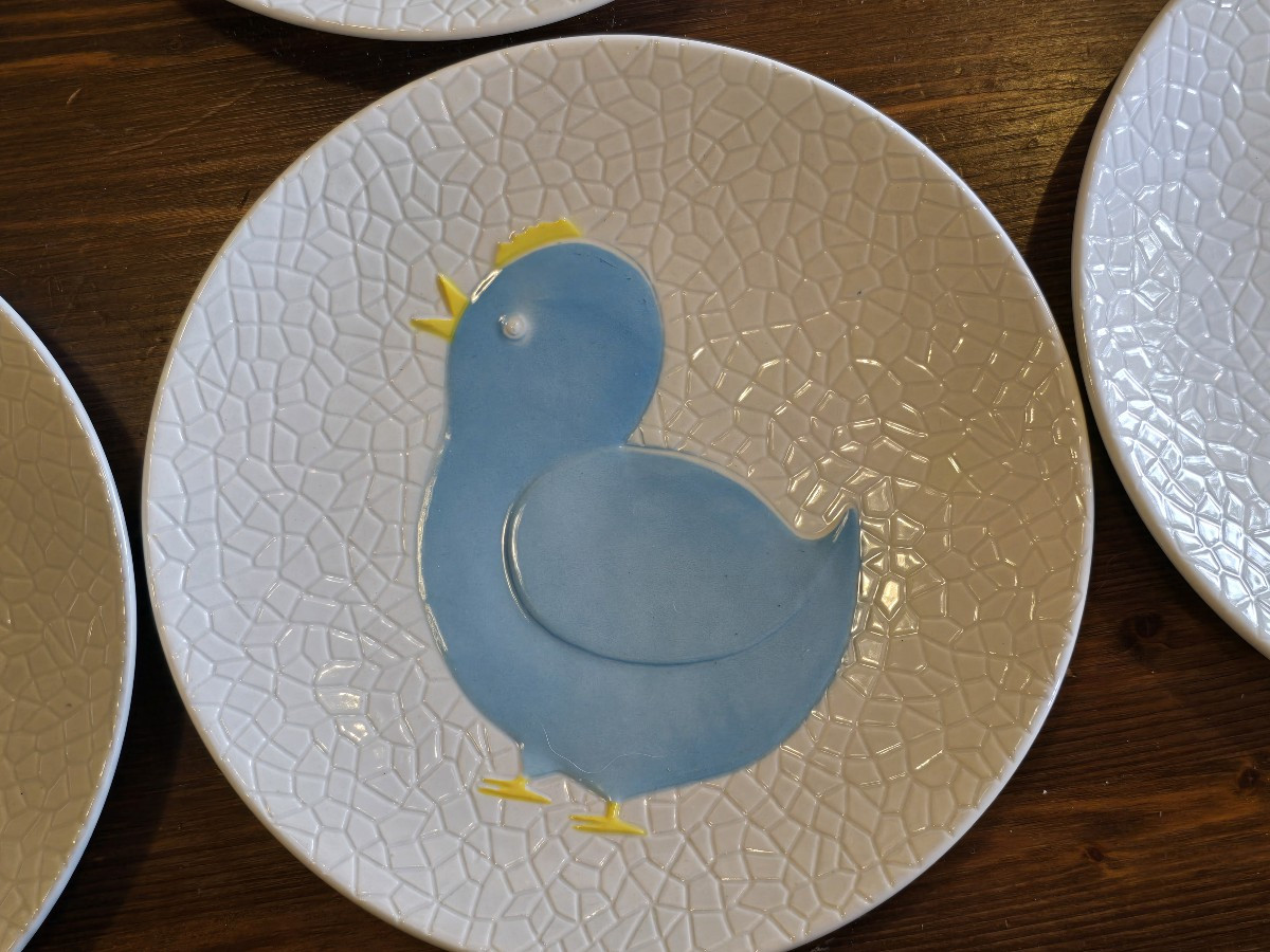 Lotto di 6 antichi  piatti in ceramica Galvani con decorazione di pulcino-photo-4