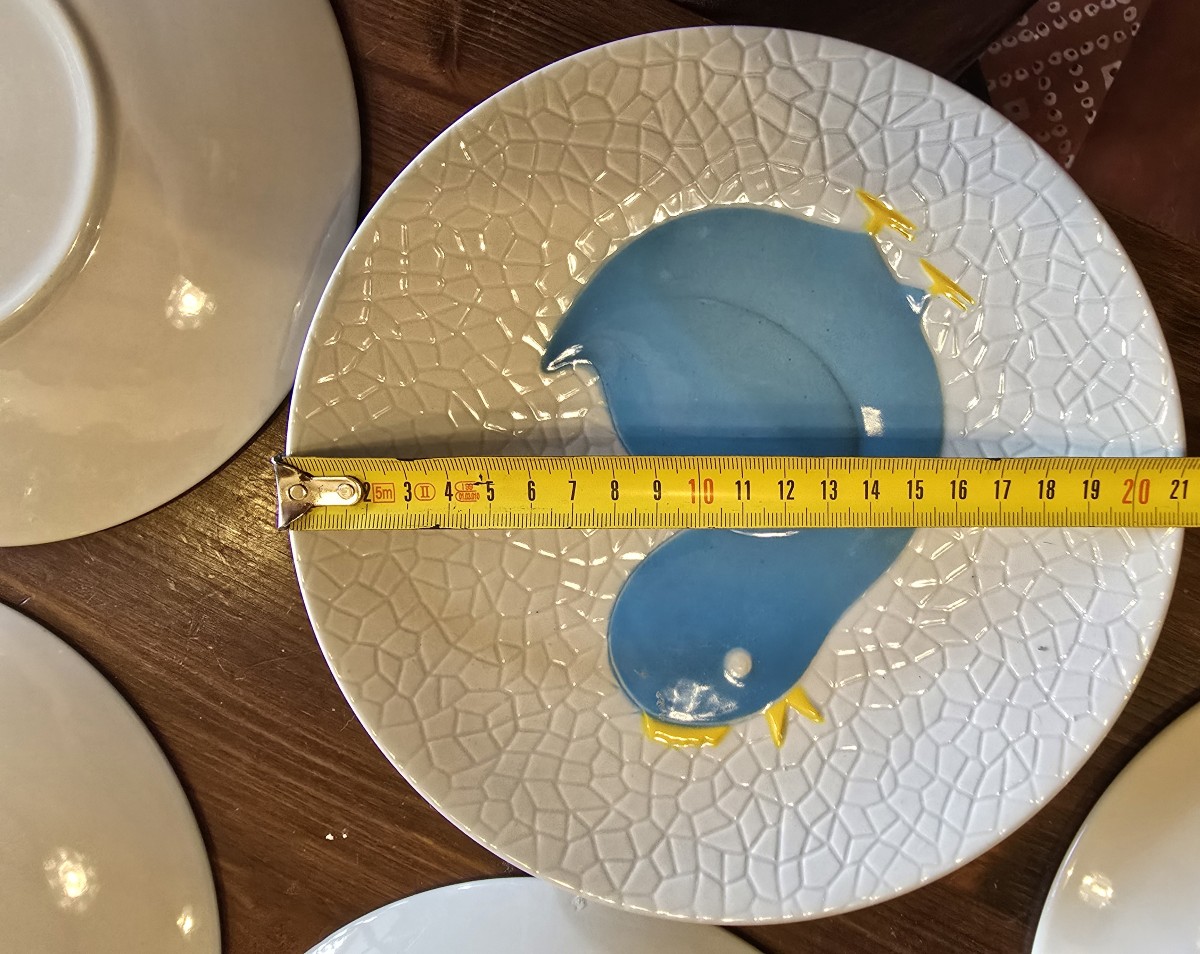 Lotto di 6 antichi  piatti in ceramica Galvani con decorazione di pulcino-photo-3