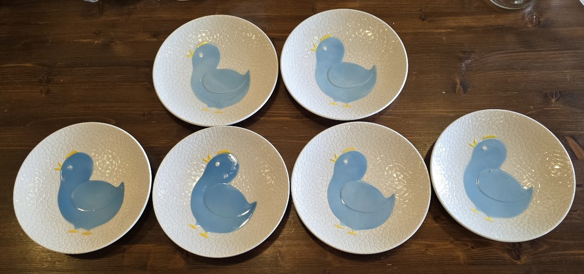 Lotto di 6 antichi  piatti in ceramica Galvani con decorazione di pulcino