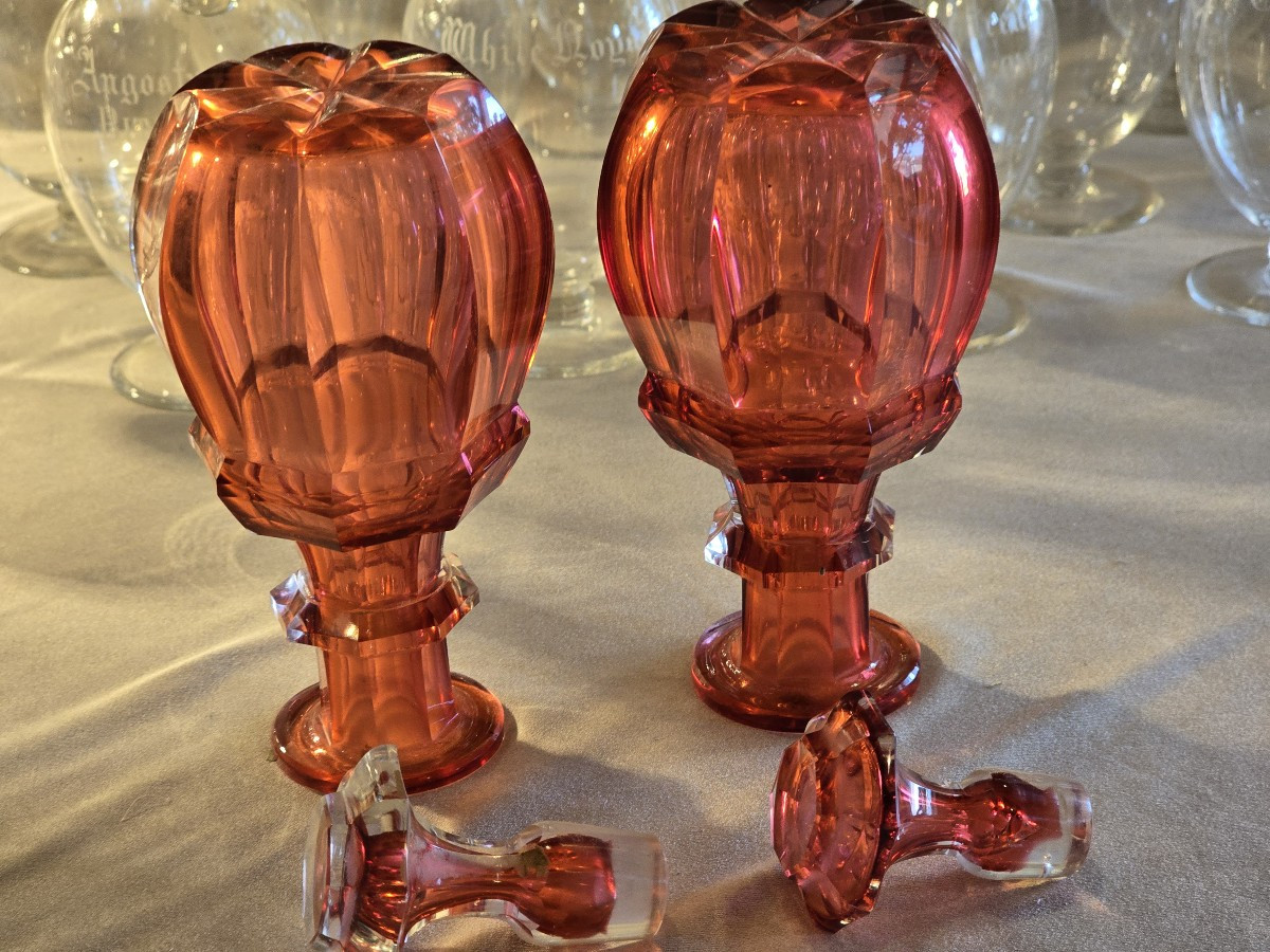 Coppia di antiche piccole bottiglie da liquore in cristallo Biedermeier-photo-2