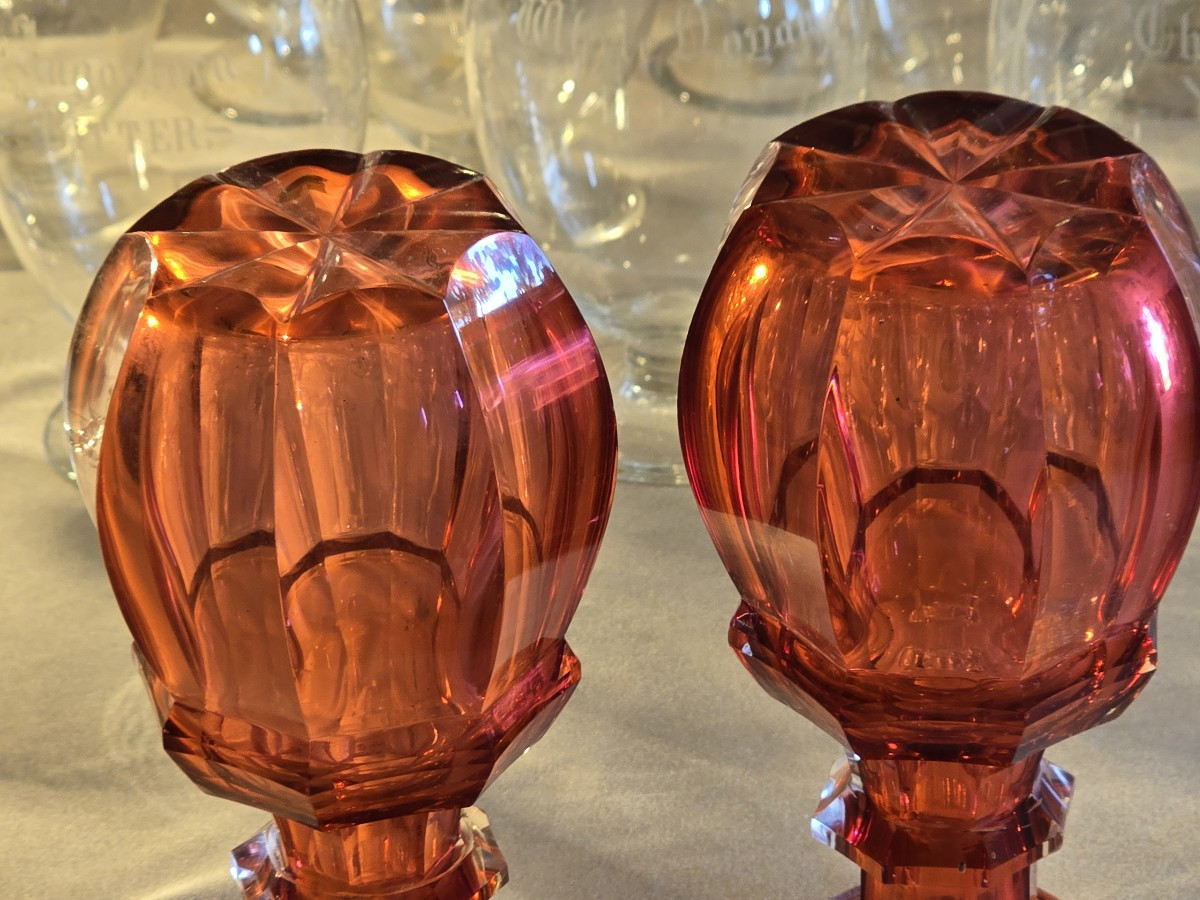 Coppia di antiche piccole bottiglie da liquore in cristallo Biedermeier-photo-4
