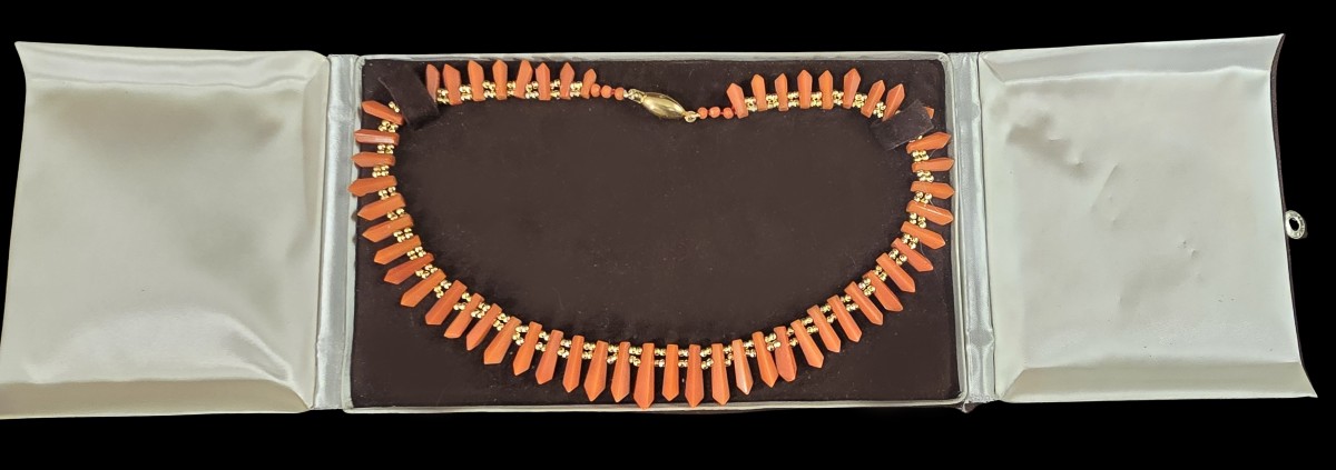Collana girocollo antica in corallo, argento e oro-photo-2