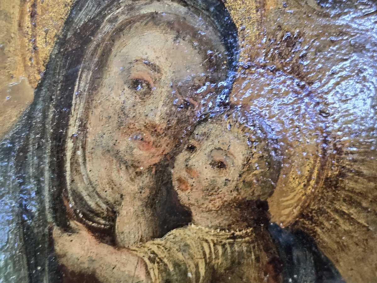 Dipinto religioso antico a olio su rame Madonna e Bambin Gesù.-photo-2